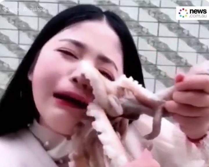 Una ragazza si filma mentre cerca di mangiare un polpo vivo